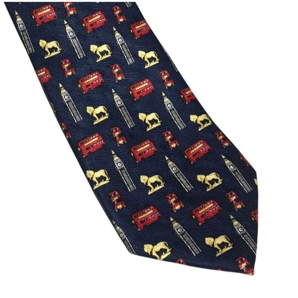 Elegance London England Mens Silk Tie Navy Blue with Iconic London Symbols